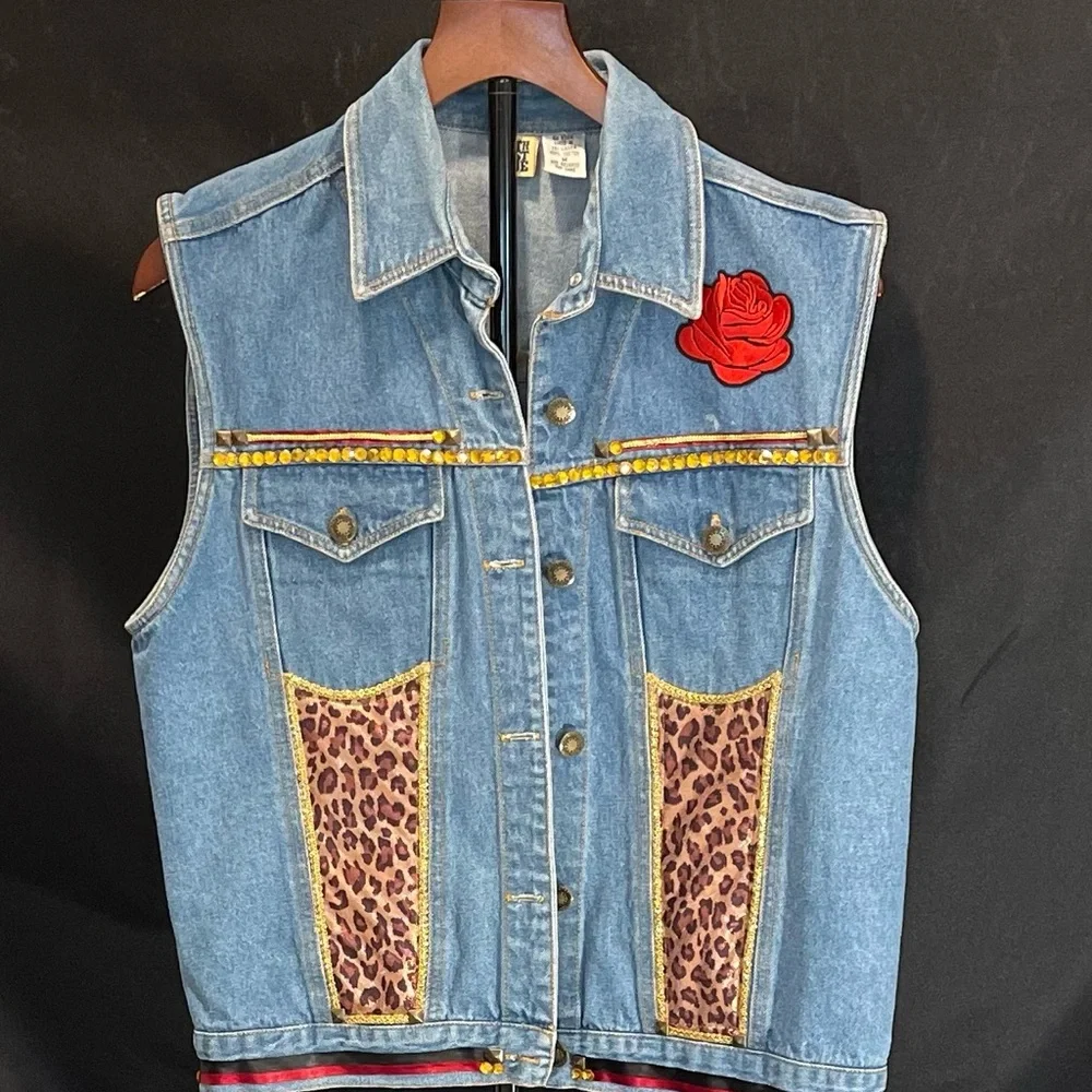 Denim Vest Upcycled Hand Embellished Leopard Print Size Medium - Picture 2 of 6